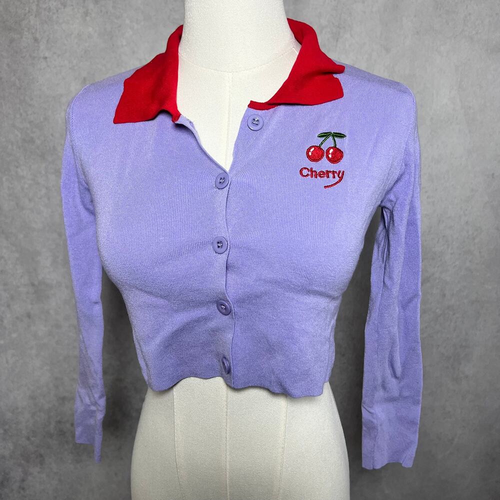 Cropped Purple French Vintage Inspired Cherry Button Down Cardigan Size Small